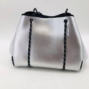 Ahdorned  silver neoprene  tote bag with bonus pouch